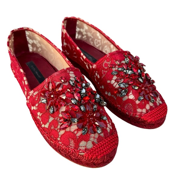 Dolce & Gabbana Swarovski Espadrilles Embellished Red Laced Mesh Women’s - Picture 1 of 17